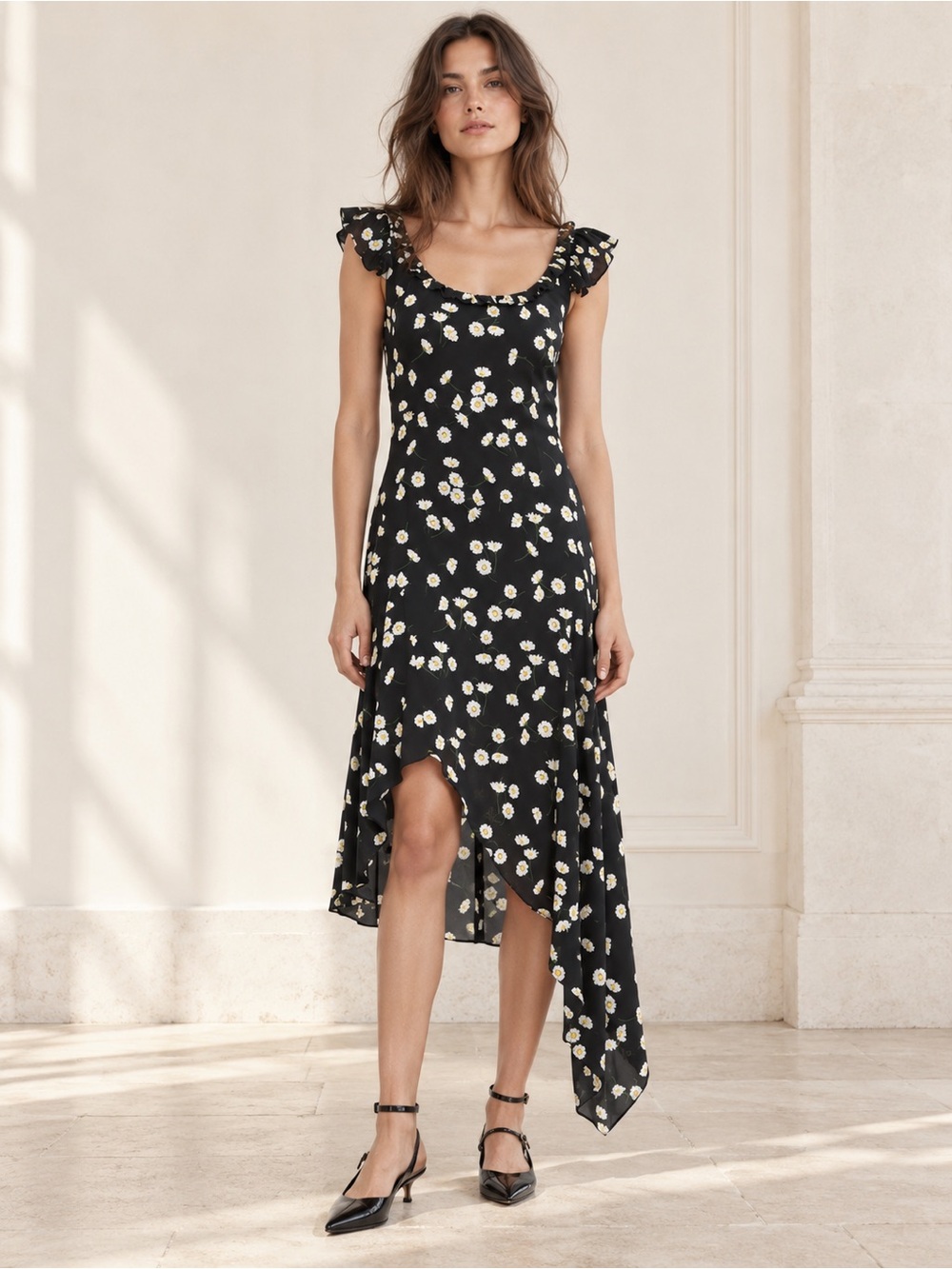 The Kooples NWT Daisy Print Asymmetric Midi Dress Size Small MSRP$425
